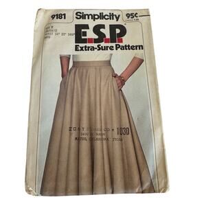 Simplicity 9181 Sewing Pattern Full Skirt Size 8,10,12 Miss waist 24-26.5" c1979